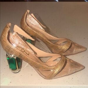 FSJ Gold and Green Embellished Heels